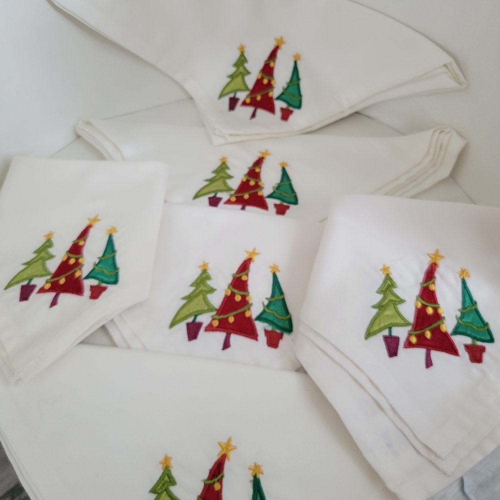Christmas Holiday Napkins Applique  Embroidered Stitching Christmas Trees- 6